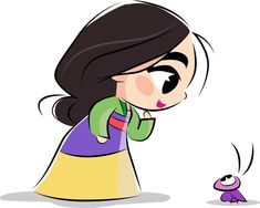 a cartoon girl is looking at a small purple creature