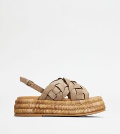 Characterized by crossed bands with a pattern recalling the iconic chain accessory, these sandals in suede come with a raffia-covered platform outsole. A versatile and feminine style, with a cool and summer mood. Suede Sandals With Woven Sole For Beach, Chic Sandals With Braided Straps In Natural Color, Chic Sandals With Braided Straps, Chic Natural Sandals With Braided Straps, Suede Espadrilles With Woven Sole For Vacation, Vacation Suede Sandals With Woven Sole, Summer Suede Sandals With Woven Sole, Suede Platform Sandals For Vacation, Beige Suede Sandals With Woven Sole