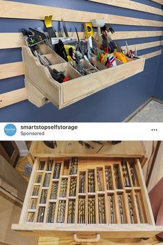 two pictures showing the inside of a tool box with tools in it and an open drawer full of tools