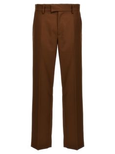 'Mike' wool blend pants, hook and button zip closure, pockets, straight leg with stretched crease. Composition: 55% polyester, 45% wool Straight Silhouette Dress Pants With Belt Loops For Office, Classic Brown Pants For Office, Straight Silhouette Pants With Belt Loops, Business Casual Pants With Belt Loops And Straight Silhouette, Brown Office Pants With Pressed Crease, Brown Wool Straight Pants, Brown Wool Dress Pants For Work, Brown Straight Hem Dress Pants For Business Casual, Formal Straight Silhouette Pants With Belt Loops