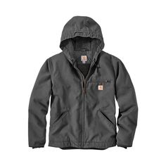 Perfect for tough winter chores, the Carhartt� Washed Duck Sherpa-Lined Jacket for Men is rugged on the outside and warm on inside. Its 12-oz. 100% cotton ringspun duck construction is tough, but it has been washed for a broken-in feel. Inside the body area, a thick, soft Sherpa lining holds onto body warmth in the brutal cold. Smooth, quilted 100% nylon-lined sleeves go on easily over extra layers. For days when the wind whips, raise the Sherpa-lined hood and cinch its drawcord for extra protec Fleece-lined Outerwear For Outdoor Work In Fall, Fall Parka With Fleece Lining For Outdoor Work, Utility Hooded Jacket For Outdoor Work In Winter, Utility Hooded Jacket For Winter Outdoor Work, Rugged Winter Outerwear For Outdoor Work, Rugged Hooded Outerwear For Cold Weather, Carhartt Womens Jacket, Duck Jacket, Sherpa Lined Jacket