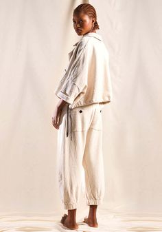 Lurdes Bergada Oversized Drop Shoulder Cropped Jacket - Off White Cropped Sleeves, Fit Details, Cold Air, Cropped Jacket, Barcelona Spain, Crop Jacket, Drop Shoulder, Air Dry, Denim Jacket