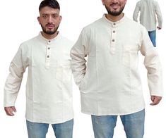 You are viewing collarless,  grandad Shirt/Kurta, with 3 buttons for casual, summer, festival, Yoga, beach or formal use. Features:     ✔Material: Upto 30% Linen + cotton     ✔Size Chart: Please look at 2nd picture     ✔Pockets : One chest and one side     ✔3 Traditional buttons fitted     ✔High quality fabric     ✔High quality stitching     ✔Use:Casual,Summer,Festival,Beach, Formal     ✔Colour: Cream/Natural White/Light Beige     ✔Wash: Dry clean, or gentle washing and  drying recommended Linen Casual Long Sleeve Kurta With Relaxed Fit, Casual Long Sleeve Relaxed Fit Kurta, Casual Long Sleeve Kurta With Pockets, Casual Long-sleeve Kurta With Pockets, Casual Long Sleeve Beige Kurta, Casual Beige Long Sleeve Kurta, Beige Long Sleeve Casual Kurta, White Casual Kurta With Relaxed Fit, Casual White Kurta With Relaxed Fit