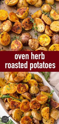 oven roasted potatoes with herbs on top and the title overlay reads oven roasted potatoes