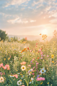 a field full of flowers with the sun in the background