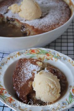 two dessert dishes with ice cream and chocolate pudding