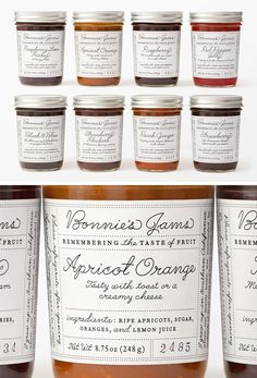 six jars of apricot orange jam with labels on them and the label for each jar