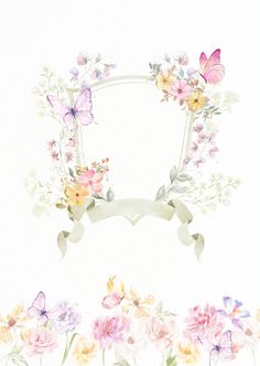 watercolor flowers and butterflies are arranged in the shape of a square frame on a white background