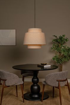 a dining room table with two chairs and a lamp on top of it next to a potted plant