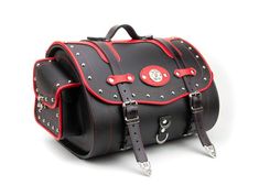 DIMENSION:height:29 cm   11”width : 34 cm   13”length:  40 cm   16” (without side pockets)Color: Black Second color: RedThis MOTORCYCLE HIGH QUALITY leather tool bag / fork bag /Roll Bag / Sissybar Bag are 100% hand made from Waterproof Genuine Leather 3 mm thick.Or it can be made from high quality PU leather 1,3 mm thickA  hard plastic material additionally duplicates the bottom and sides of the bag to hold its shape.We designed this for motorcycles but its universal and can also be attched to