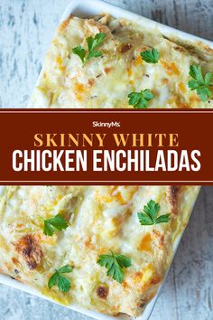 skinnyy white chicken enchiladas in a casserole dish with parsley on top