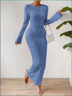 Azul Elegante Collar manga larga Tela tejida Liso Apretado Embellished Elástico Ligero Prints Fashion, Blue Bodycon Dress, Long Bodycon Dress, Sleeve Bodycon Dress, Birthday Pictures, Bodycon Fashion, Summer Prints, Women Maxi, Women Long Dresses