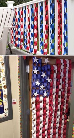 an american flag made out of ribbon is hanging on the wall next to a classroom door