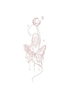 a drawing of a fairy holding flowers and a butterfly on her arm with the moon in the background