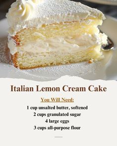 a piece of italian lemon cream cake on a white plate with the recipe below it