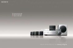 an advertisement for sony's home theater system with speakers and subwoofer