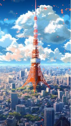 the eiffel tower in paris, france as seen from above with clouds and blue sky