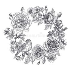 a wreath with roses and birds in the center on a white background, hand drawn