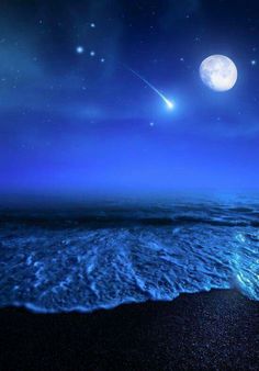 an ocean scene with the moon and stars in the sky