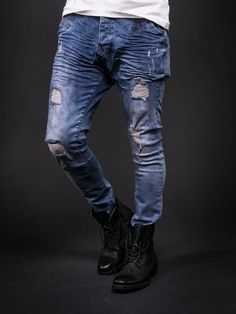 D&H Men Slim Fit Wrinkled Ripped Distressed Jeans - Blue - FASH STOP Dark Ripped Jeans, Denim Man, Blue Pants Men, Printed Denim Pants, Light Wash Ripped Jeans, Drawstring Jeans, Black Boots Men, White Ripped Jeans, Ripped Jeans Men