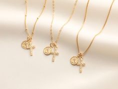 Tiny Cross and Jesus Charm / Gold Necklace / Miraculous Necklace / Jesus Christ / Religious Necklace / Cross Necklace / 14k Gold Filled - 14k Gold Filled 8.5mm Jesus Charm - 14k Gold Filled 8X15mm Cross Charm - (Dual Pendant) - Material: Gold Filled AVAILABLE CHAIN + Round Flat Gold Filled Chain + Curb Satellite Gold Filled + Box Chain Gold Filled AVAILABLE LENGTH + 16 inches + 17 inches + 18 inches - Pendant and Chain Material: 14k Gold Filled - Water-resistant, tarnish free, hypoallergenic, ni Box Chain Gold, Jesus Necklace, Tiny Cross, Necklace Cross, Earring Stand, Jesus Christus, Chunky Jewelry, Rose Jewelry, Necklace Box