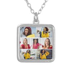 multiple photos of women in different poses on a silver plated necklace