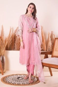 Peony pink kurta with zari, gota, sequin, thread embroidery in floral pattern. Paired with pant and dupatta. - Aza Fashions Elegant Pink Chanderi Palazzo Set, Spring Pink Traditional Drape Salwar Kameez, Pink Traditional Drape Salwar Kameez For Spring, Traditional Drape Pink Salwar Kameez For Spring, Spring Pink Palazzo Set With Zari Work, Spring Pink Sharara With Zari Work, Spring Pink Chanderi Sharara, Pink Traditional Wear For Spring With Traditional Drape, Pink Traditional Drape Wear For Spring