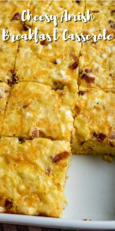 cheesy amish breakfast casserole is cut into squares on a plate