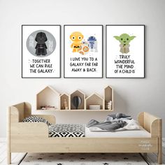 three star wars posters on the wall in a child's bedroom, each with their own character