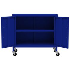 a blue storage cabinet with wheels on it