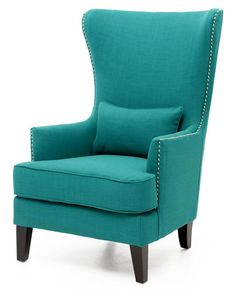 a teal chair with studding on the arms