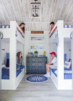 two children sitting on bunk beds in a room with white walls and wood flooring