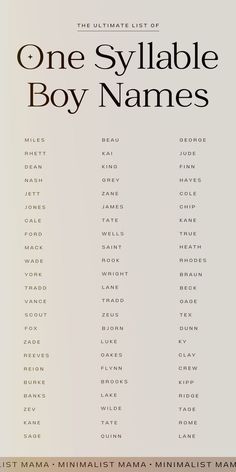 the ultimate list of one - syllable boy names in black and white text