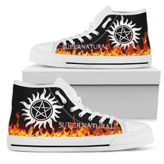 Supernatural Sneakers Fire High Top Shoes Fan Gift Idea-Gear Wanta Supernatural Shoes, Supernatural Drawings, Stencil Outline, Corset Dresses, Shoes Ideas, Birthday Stuff, Supernatural Dean, Anime Clothes, Gothic Corset