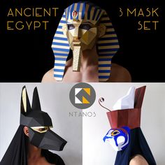 an egyptian mask is shown in three different pictures