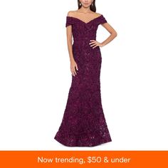 a woman in an off the shoulder dress with text that reads now trending $ 50 & under