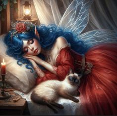 a painting of a woman with blue hair laying on a bed next to a siamese cat