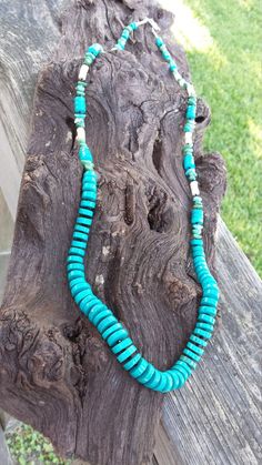 "Turquoise 7mm long strand flat beaded necklace. I used shell and multi colored turquoise polished chip beads going upwards for that special contrast. This necklace is great for layering also. The lenght measures 34\" long. A great look for that special outfit." Turquoise Necklace With Polished Beads For Beach, Hand-strung Turquoise Necklace For Beach, Turquoise Heishi Beads Necklace In Single Strand, Turquoise Single Strand Necklace With Round Heishi Beads, Turquoise Shell Necklace With Round Beads, Turquoise Heishi Bead Necklace Single Strand, Turquoise Heishi Beads Necklace With Colorful Beads, Turquoise Necklace With Single Strand Heishi Beads, Turquoise Necklace With Colorful Heishi Beads