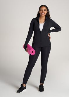 About Our Tall Women's Jacket Whether you're headed to yoga, going for a run or just hanging out at home, this athletic zip-up jacket is as functional as it is stylish. It's the perfect addition to your activewear collection, engineered with moisture-wicking fabric and a sporty fit that's designed for healthy lifestyles. Like all our women's tall activewear, it's been carefully crafted exclusively for women that are 5'9” to 6'6”. The extra-long arms end in convenient thumbhole cuffs that will ke Healthy Lifestyles, Black American, Tall Women, Workout Jacket, Athletic Women, Moisture Wicking Fabric, Zip Up, Extra Long, Hanging Out