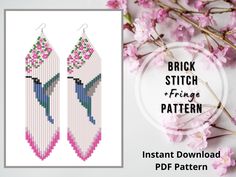 a pair of earrings with pink flowers on the side and text that reads brick stitch fringe pattern