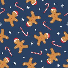 seamless christmas pattern with gingerbreads and candy canes on dark blue background