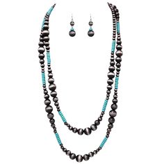 PRICES MAY VARY. Bring some bold, dynamic style to your accessory collection! Trendy necklace featuring metallic dark beads in varying sizes and smaller semi precious howlite stone beads dyed a vibrant turquoise color. Necklace measures 60 inches in length, No Clasp. Matching beaded fish wire dangle earrings measure 1.5 inch length by 0.5 inch width. Each stone is unique so some variation in color, shape and size may occur as is inherent with natural stones. Magnificent burnished copper or silve Color Beads Necklace, Beaded Fish, Blue Crystal Necklace, Beautiful Pendant Necklace, Western Necklaces, Trendy Necklace, Swarovski Crystal Necklace, Stylish Necklace, Beaded Statement Necklace