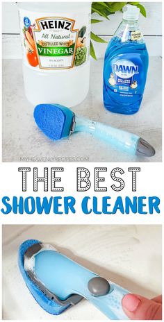 the best shower cleaner for all types of surfaces and surfaces with text overlay that reads, the best shower cleaner