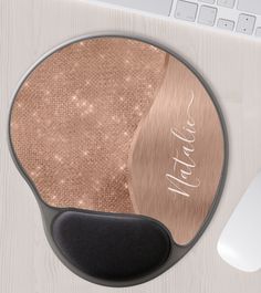 Easily personalize this rose gold brushed metal and glamorous faux glitter patterned gel mouse pad with your own custom name. #customizedmousepad #custommousepads #mousepad #officedecor #customizedgifts #customizednamemousepad #customgifts #giftsidea #zazzlemade Metallic Rose Gold