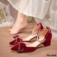 Olivia Mark - Red Pointed-Toe Shoes with Thick Heels: Ideal for Weddings, Engagements, and Special Occasions Thick Heels Pumps, Red Bridal Shoes, Formal Heels, Office Shoes Women, Elegant Heels, Ankle Strap High Heels, Bridal Heels, Buckled Heels, Wedding Ceremonies