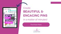 a phone with the text create beautiful and engaging pins in a matter of minutes purchase now