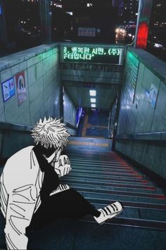 an anime character sitting on the ground in front of some stairs with his feet up