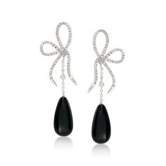 Ross-Simons - Black Onyx and 1.20 ct. t. w. Cubic Zirconia Bow Drop Earrings in Sterling Silver. Sleek black onyx teardrop earrings are sweetened by 1.20 ct. t. w. brilliant-cut CZ bows in sterling silver. Hanging length is 2 1/2". Post/clutch, CZ and black onyx drop earrings. CZ weights are diamond equivalents. Luxury Black Diamond Earrings For Formal Occasions, Black Diamond Earrings For Formal Occasions, Black Diamond Earrings With Accents For Formal Events, Black Diamond Earrings With Accents For Formal Occasions, Elegant Black Diamond Earrings In Sterling Silver, Elegant Black Earrings For Formal Occasions, Elegant Black Formal Earrings, Black Cubic Zirconia Earrings For Evening, Black Diamond Earrings For Party