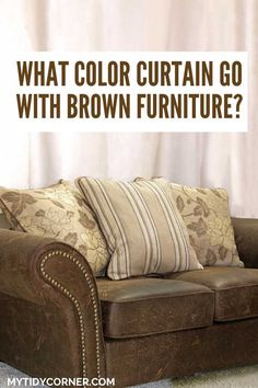 best curtain colors for brown furniture Curtains For Brown Furniture, Brown Leather Sofa Living Room, Tan Furniture, Dark Brown Couch, Brown Leather Couch Living Room, Brown Leather Furniture