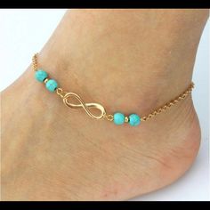 Gorgeous Delicate Gold Anklet With Infinity Symbol And Turquoise Beads To Accent. Brand New In Package! Tags: Foot Feet Jewelry Beach Wedding Pool Sexy Vacay Vacation Party Accessory Accessories Sandal Summer Elegant Turquoise Anklets For The Beach, Blue Beaded Bracelets For Summer Party, Elegant Turquoise Anklets For Summer, Blue Bohemian Anklets For Party, Casual Turquoise Jewelry For Party, Infinity Anklet, Silver Chain Anklet, Beaded Ankle Bracelets, Anklet Designs